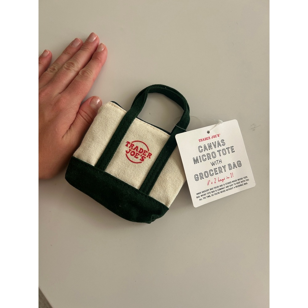 Trader Joe's Canvas Micro Tote Bag with Reusable Grocery Bag Green Cream NWT